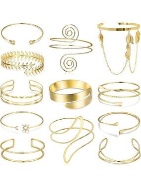 6-12 Pcs Adjustable Golden Arm Cuff Bracelets Set for Women - Stylish Upper Arm